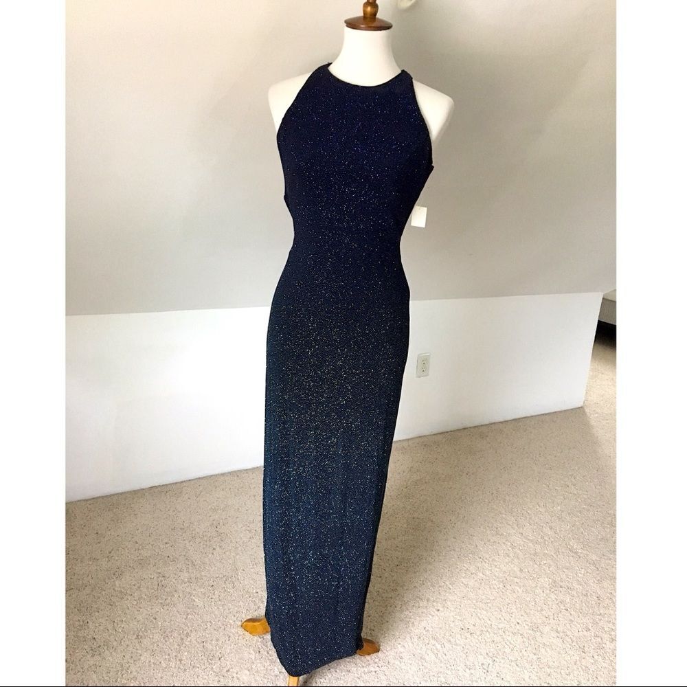 Vintage Y2K Navy Metallic Shimmer Open Back Maxi Dress NWT Size M - Picture 2 of 8